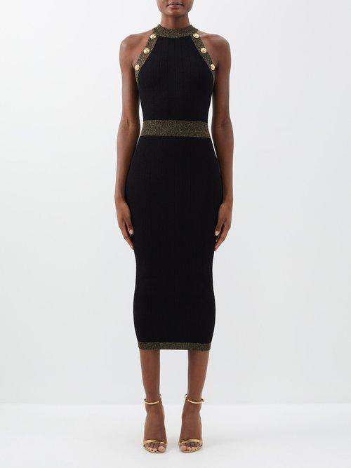 Balmain - Buttoned Halterneck Knitted Midi Dress - Womens - 01bk