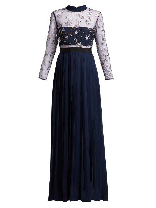 Matchesfashion.com Self-portrait - Sequinned Star Tulle And Crepe Dress - Womens - Navy