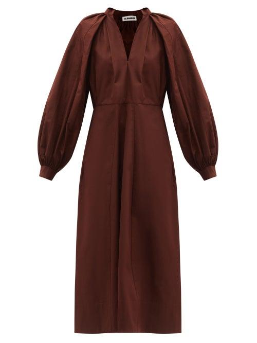 Matchesfashion.com Jil Sander - Balloon-sleeve Cotton-poplin Midi Dress - Womens - Dark Brown