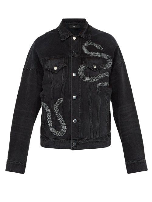 Matchesfashion.com Amiri - Glitter Embroidered Snake Denim Jacket - Mens - Black