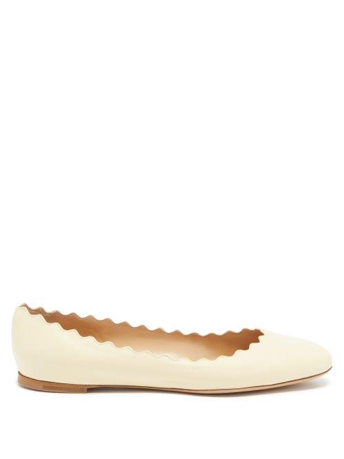Chlo - Lauren Scalloped-edge Leather Ballet Flats - Womens - Beige