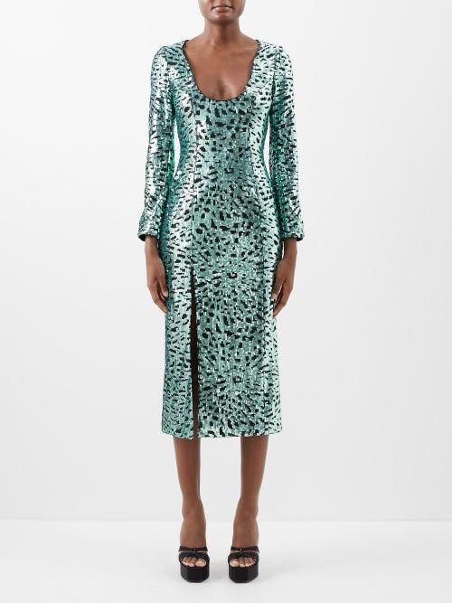 Halpern - Scoop-neck Animal-sequinned Midi Dress - Womens - Green Black