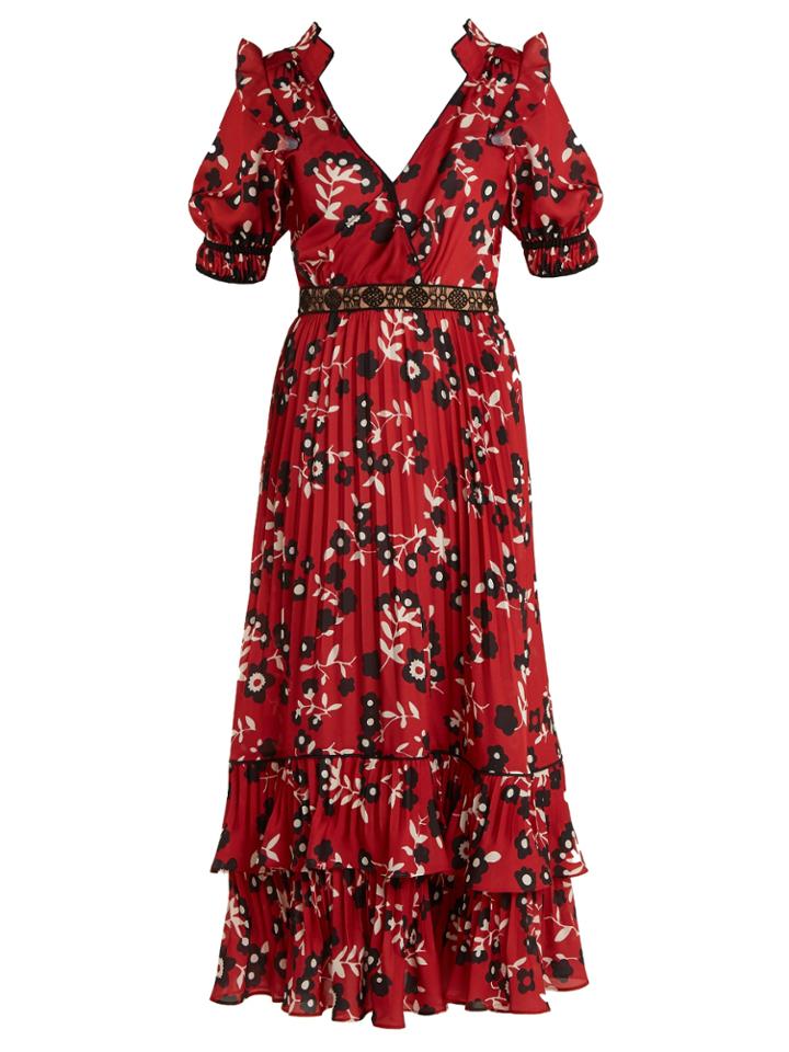 Self-portrait Floral-print Pleated Crepe De Chine Dress