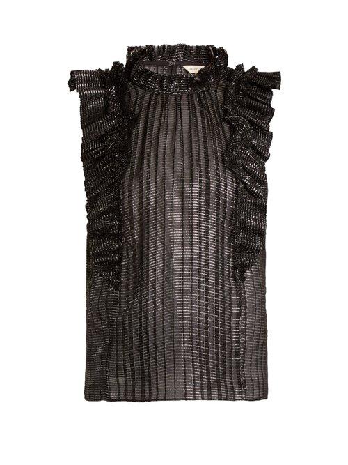 Matchesfashion.com Rebecca Taylor - High Neck Checked Ruffle Trimmed Silk Top - Womens - Black