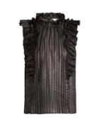 Matchesfashion.com Rebecca Taylor - High Neck Checked Ruffle Trimmed Silk Top - Womens - Black