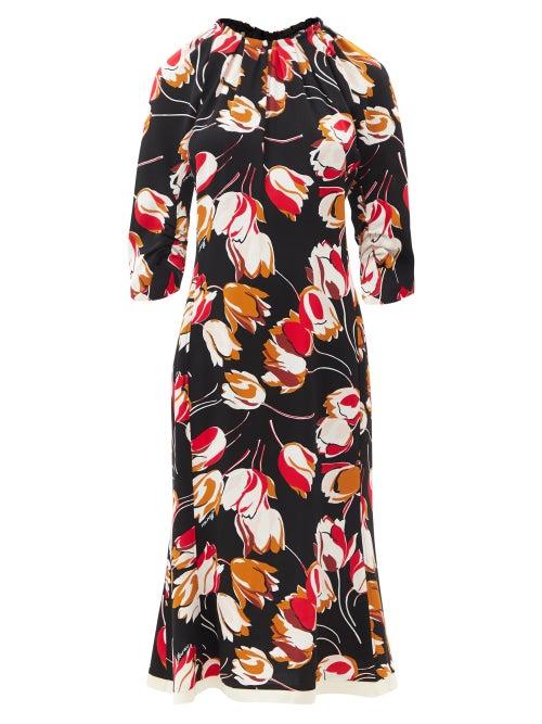 Ladies Rtw Marni - Pleated-neck Tulip-print Crepe Dress - Womens - Black Multi