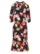 Ladies Rtw Marni - Pleated-neck Tulip-print Crepe Dress - Womens - Black Multi