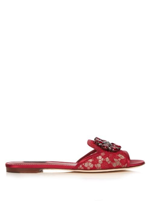 Dolce & Gabbana Bianca Crystal-embellished Lace Slides