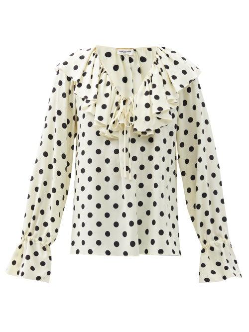 Matchesfashion.com Saint Laurent - Ruffled Polka-dot Silk-crepe De Chine Blouse - Womens - White Black