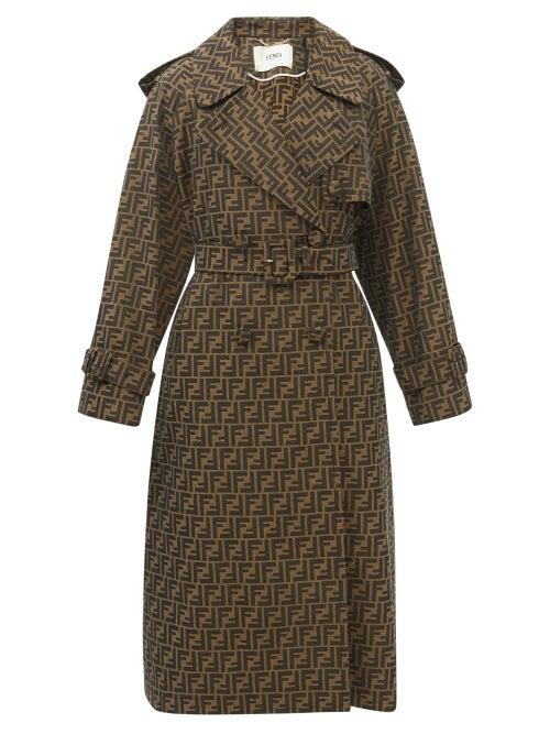Fendi - Ff-logo Jacquard Gabardine Trench Coat - Womens - Brown