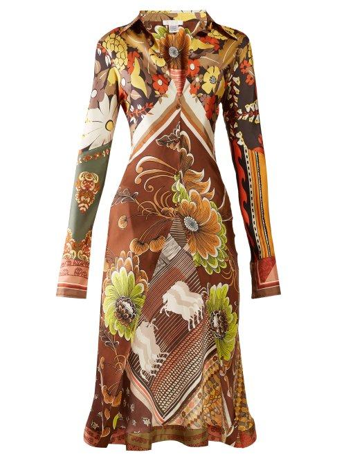 Matchesfashion.com Chlo - Caravan Print Longline Silk Shirt - Womens - Brown Multi