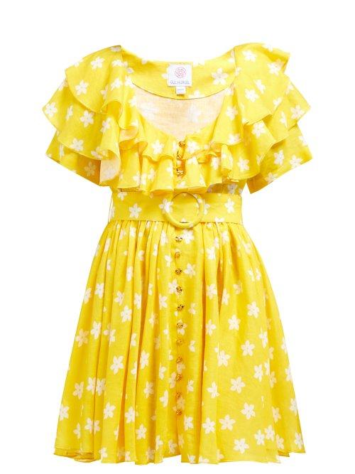 Matchesfashion.com Gl Hrgel - Ruffle Floral Print Linen Mini Dress - Womens - Yellow Print