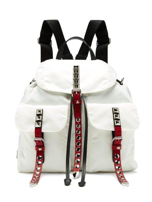 Matchesfashion.com Prada - New Vela Studded Nylon And Leather Backpack - Womens - White
