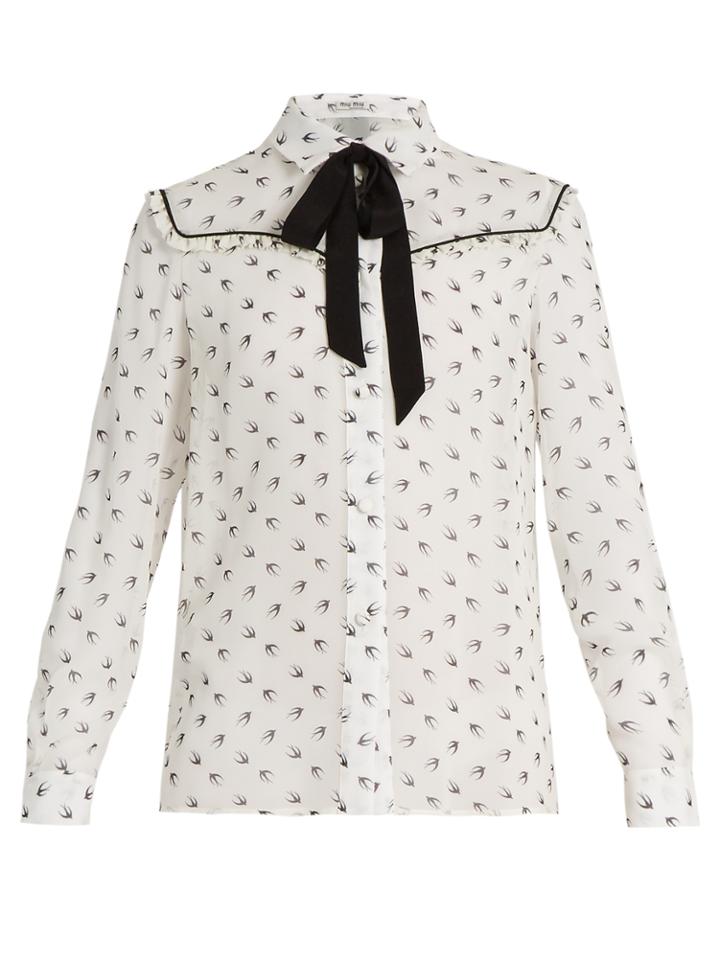 Miu Miu Swallow-print Ruffle-trimmed Silk Blouse