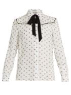 Miu Miu Swallow-print Ruffle-trimmed Silk Blouse