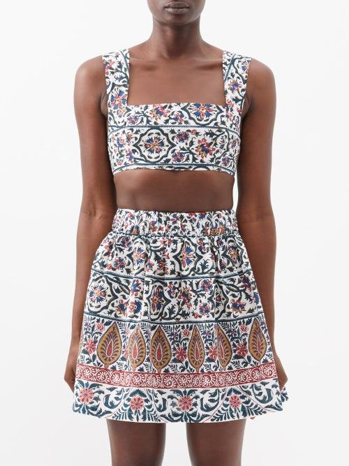 Boteh - Verbena Printed Linen-blend Cropped Top - Womens - White Multi