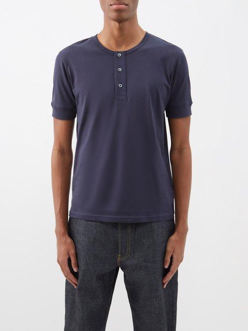 Sunspel - Supima-cotton Jersey Henley Top - Mens - Navy