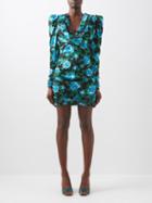 Alessandra Rich - Cowl Neck Rose-print Silk-satin Dress - Womens - Turquoise