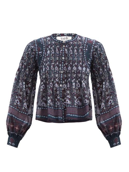 Sea - Nadine Floral Pintucked Cotton-voile Blouse - Womens - Blue Multi