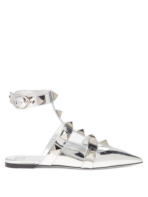 Valentino Garavani - Roman Stud Backless Mirrored-leather Flats - Womens - Silver
