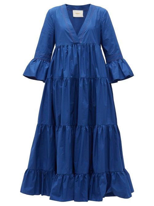 Matchesfashion.com La Doublej - Jennifer Jane Tiered Cotton-poplin Dress - Womens - Blue