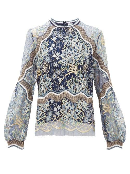 Matchesfashion.com Peter Pilotto - Long Sleeved Floral Lace Top - Womens - Navy Gold