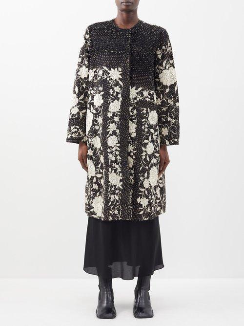 By Walid - Tanita Vintage Embroidered Silk Coat - Womens - Black White