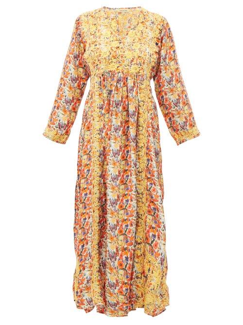 Matchesfashion.com Muzungu Sisters - Frangipani Poppy White Print Silk Midi Dress - Womens - Orange Multi