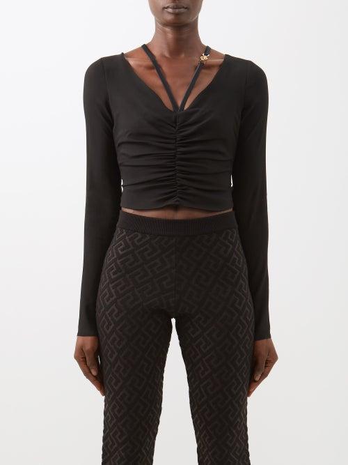 Versace - V-neck Ruched Georgette Top - Womens - Black