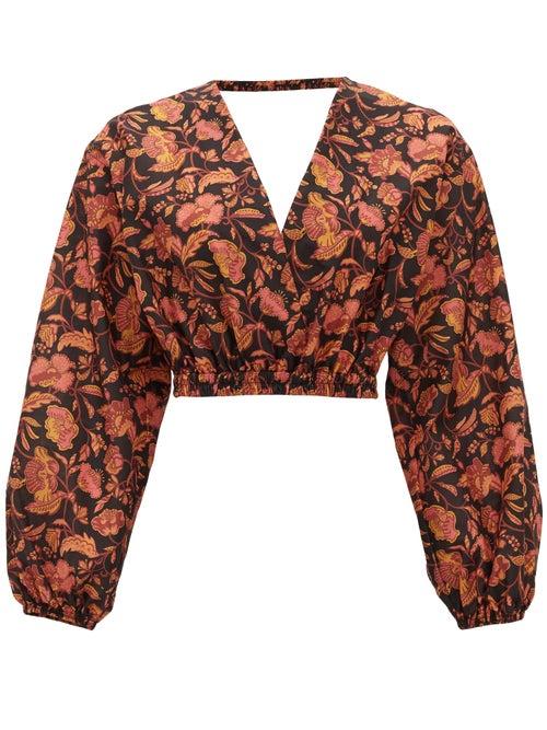 Matchesfashion.com Matteau - Open-back Floral-print Cropped Cotton Blouse - Womens - Pink Print