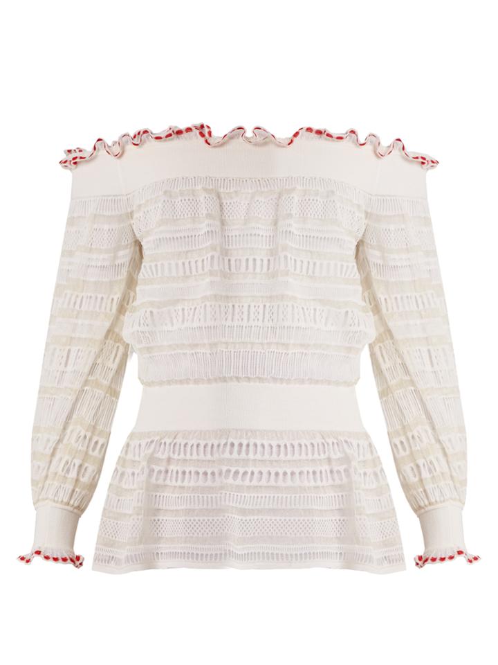Alexander Mcqueen Ruffle-trimmed Off-the-shoulder Ladder-lace Top
