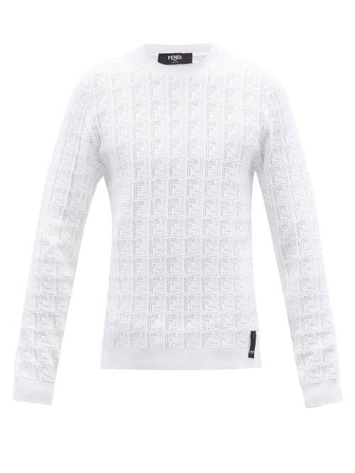 Mens Rtw Fendi - Ff-logo Jacquard Knit Sweater - Mens - White