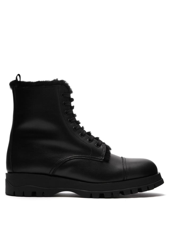 Prada Shearing-lined Leather Lace-up Ankle Boots