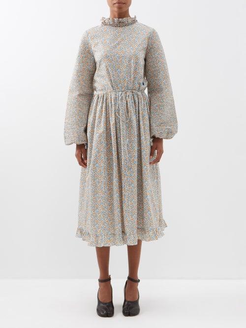Horror Vacui - Laura Floral-print Pleated Cotton Midi Dress - Womens - Yellow Blue