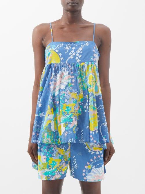 Emporio Sirenuse - Giorgia Caliph's-dream Print Cotton-poplin Top - Womens - Blue Print