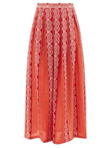 Ladies Beachwear Le Sirenuse, Positano - Sophia Calypso Printed Pleated Linen Skirt - Womens - Red