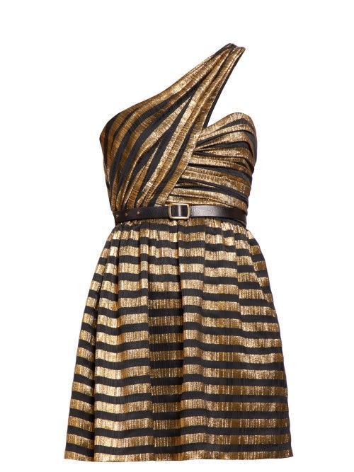 Matchesfashion.com Saint Laurent - Striped One Shoulder Lam Dress - Womens - Black Gold