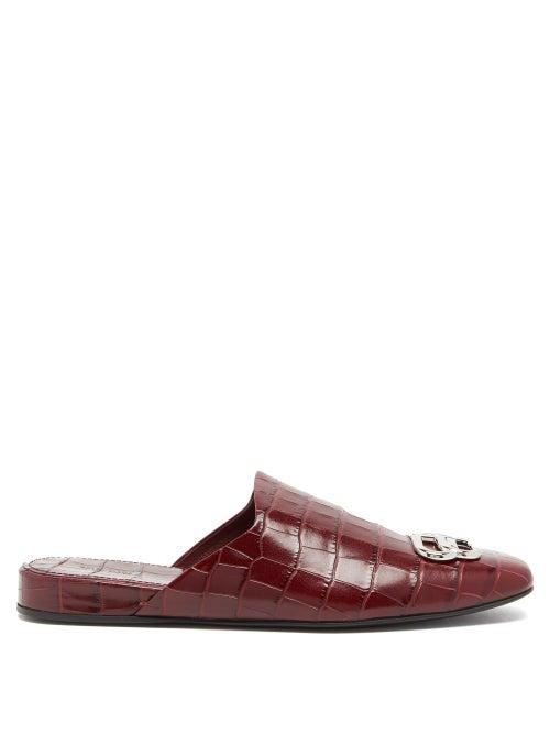 Matchesfashion.com Balenciaga - Cosy Bb-plaque Crocodile-effect Backless Loafers - Womens - Burgundy