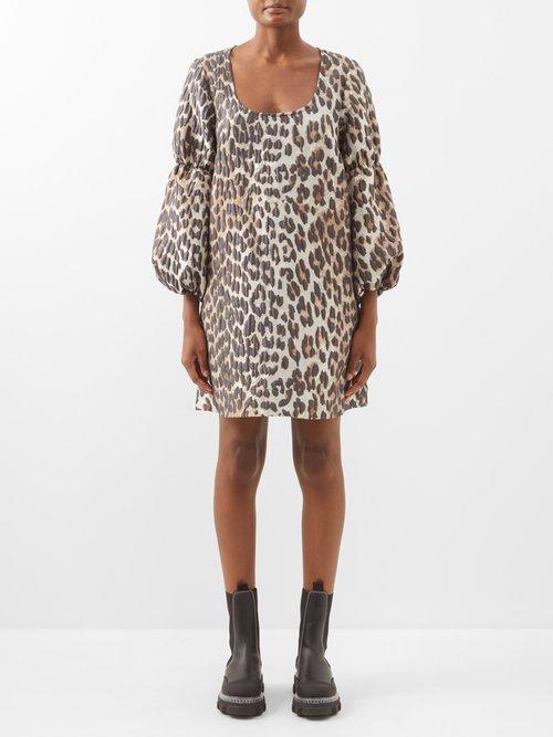 Ganni - Scoop-neck Leopard-print Cloqu Mini Dress - Womens - Leopard Print