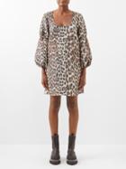 Ganni - Scoop-neck Leopard-print Cloqu Mini Dress - Womens - Leopard Print