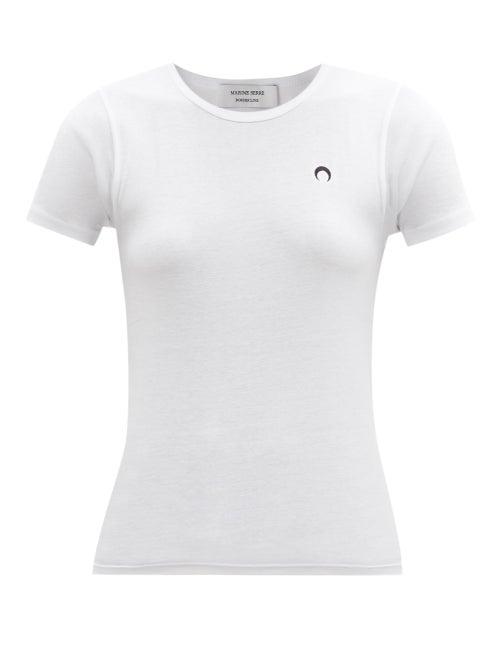 Matchesfashion.com Marine Serre - Crescent Moon-embroidered Organic-cotton T-shirt - Womens - White