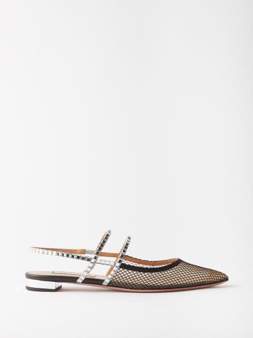 Aquazzura - Martini Crystal-embellished Mesh Flats - Womens - Black Multi