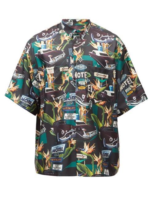 Matchesfashion.com Givenchy - Motel Logo-print Silk Short-sleeve Shirt - Mens - Black