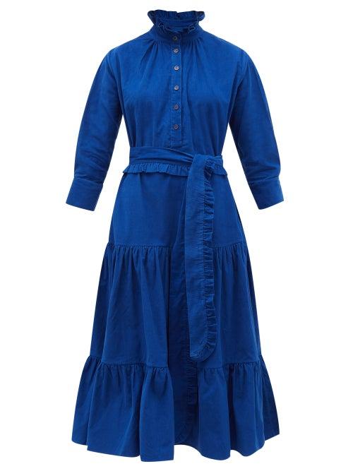 Matchesfashion.com Evi Grintela - Phoebe Ruffled Cotton Corduroy Midi Dress - Womens - Blue