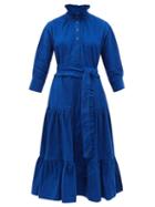 Matchesfashion.com Evi Grintela - Phoebe Ruffled Cotton Corduroy Midi Dress - Womens - Blue