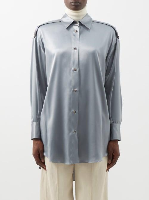 Brunello Cucinelli - Beaded Silk-blend Satin Shirt - Womens - Blue Grey