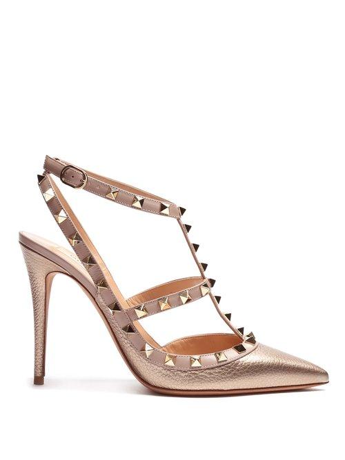 Matchesfashion.com Valentino - Rockstud T Bar Leather Pumps - Womens - Gold