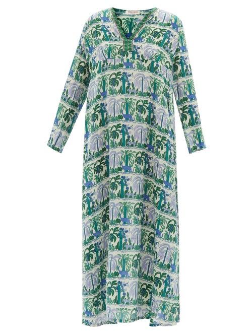 Emporio Sirenuse - Cappa Where Is My Head-print Silk Kaftan - Womens - Green Multi