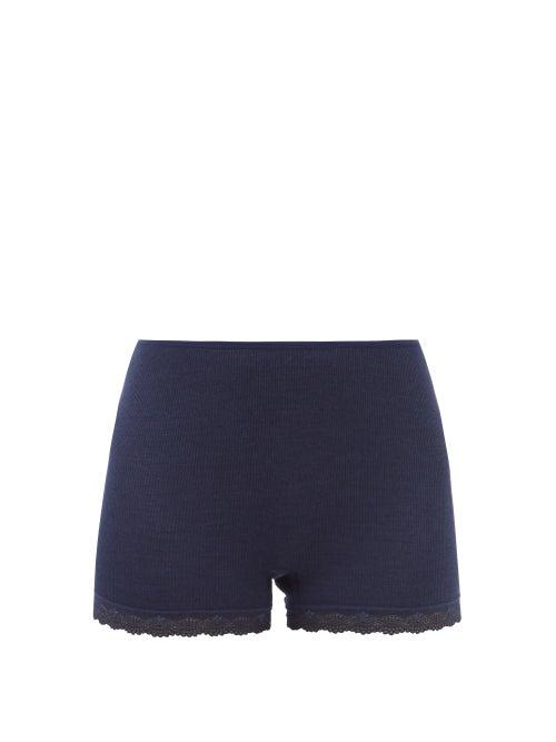 Hanro - Lace-trimmed Merino-blend Jersey Pyjama Shorts - Womens - Navy
