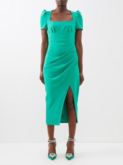 Self-portrait - Square-neck Crepe Midi Dress - Womens - Green